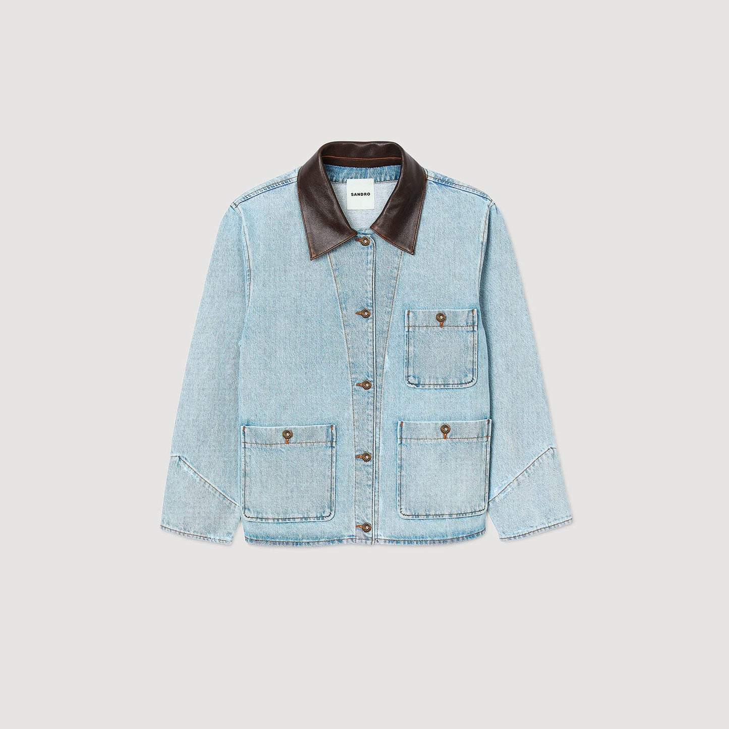 Sandro Denim jacket with leather collar Light Bu Jean