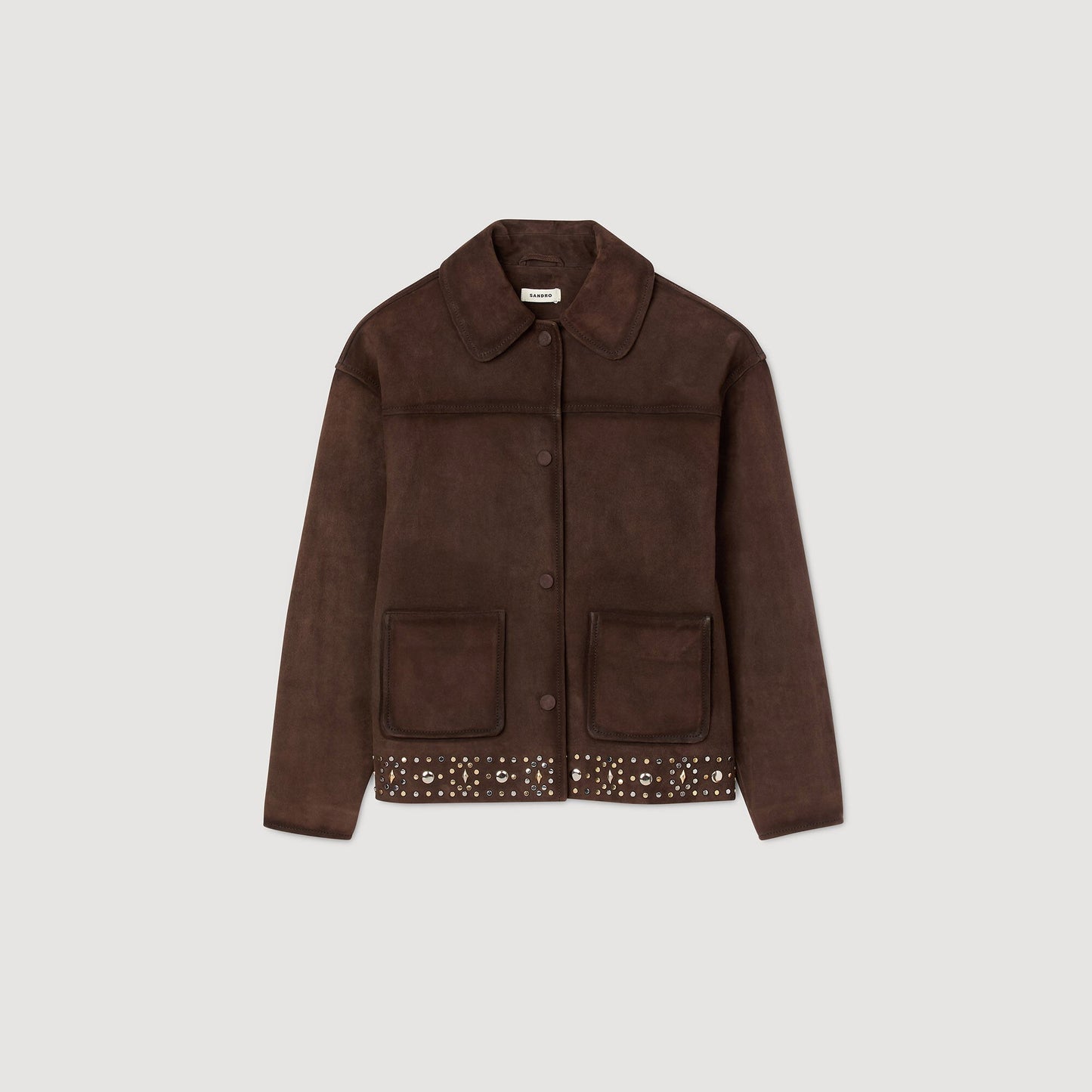 Sandro Studded suede leather jacket Brown