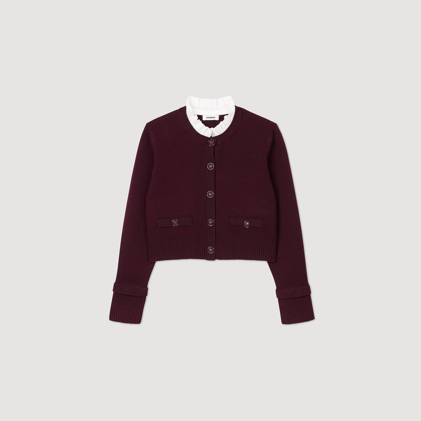 Sandro Knit cardigan with ruffled collar Bordeaux