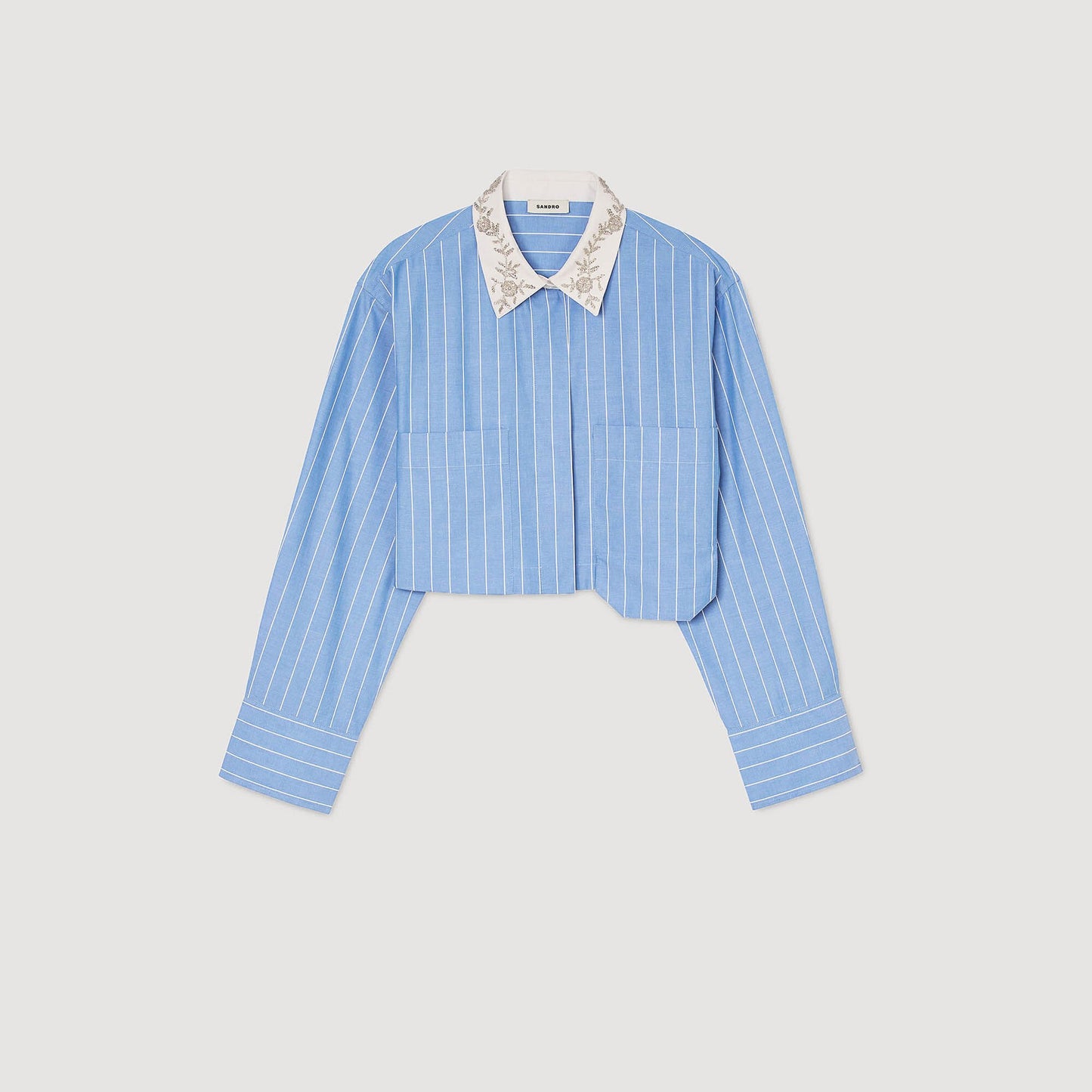 Sandro Striped cropped shirt with rhinestone Sky Blue