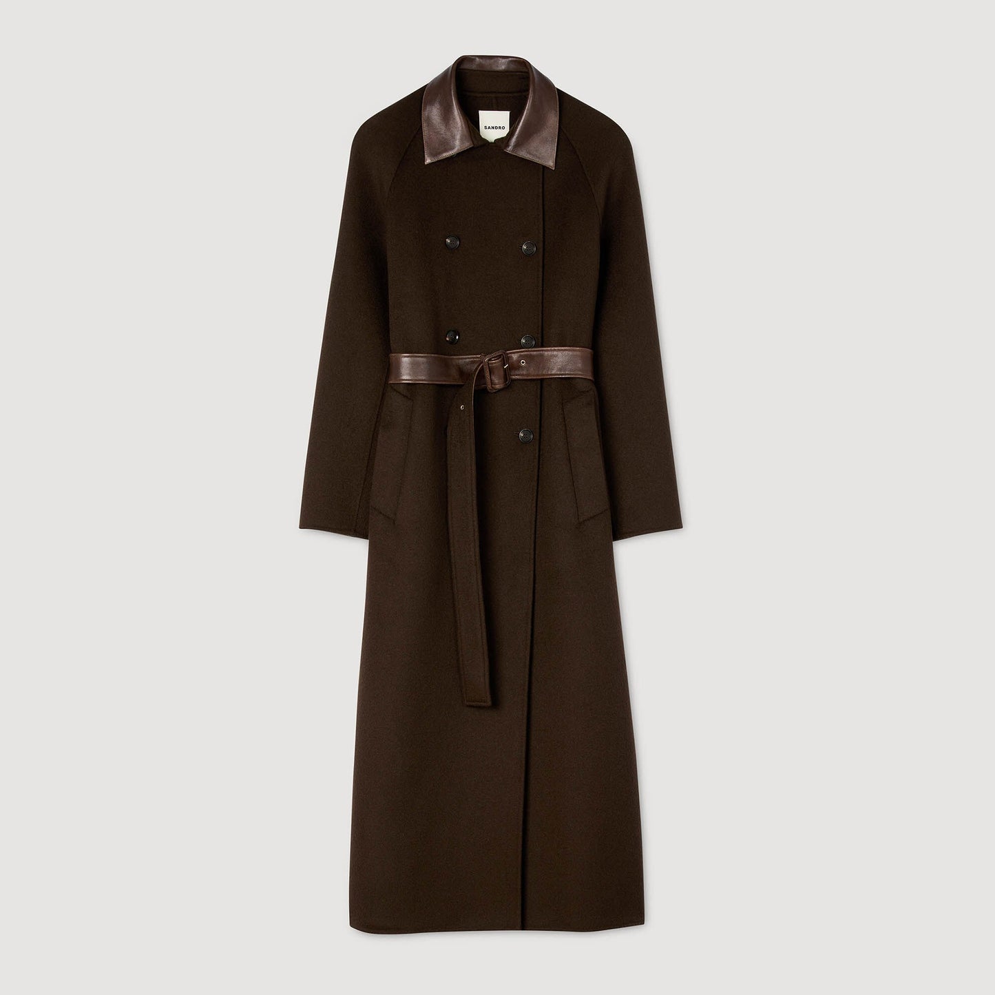 Sandro Long wool and leather coat Brown