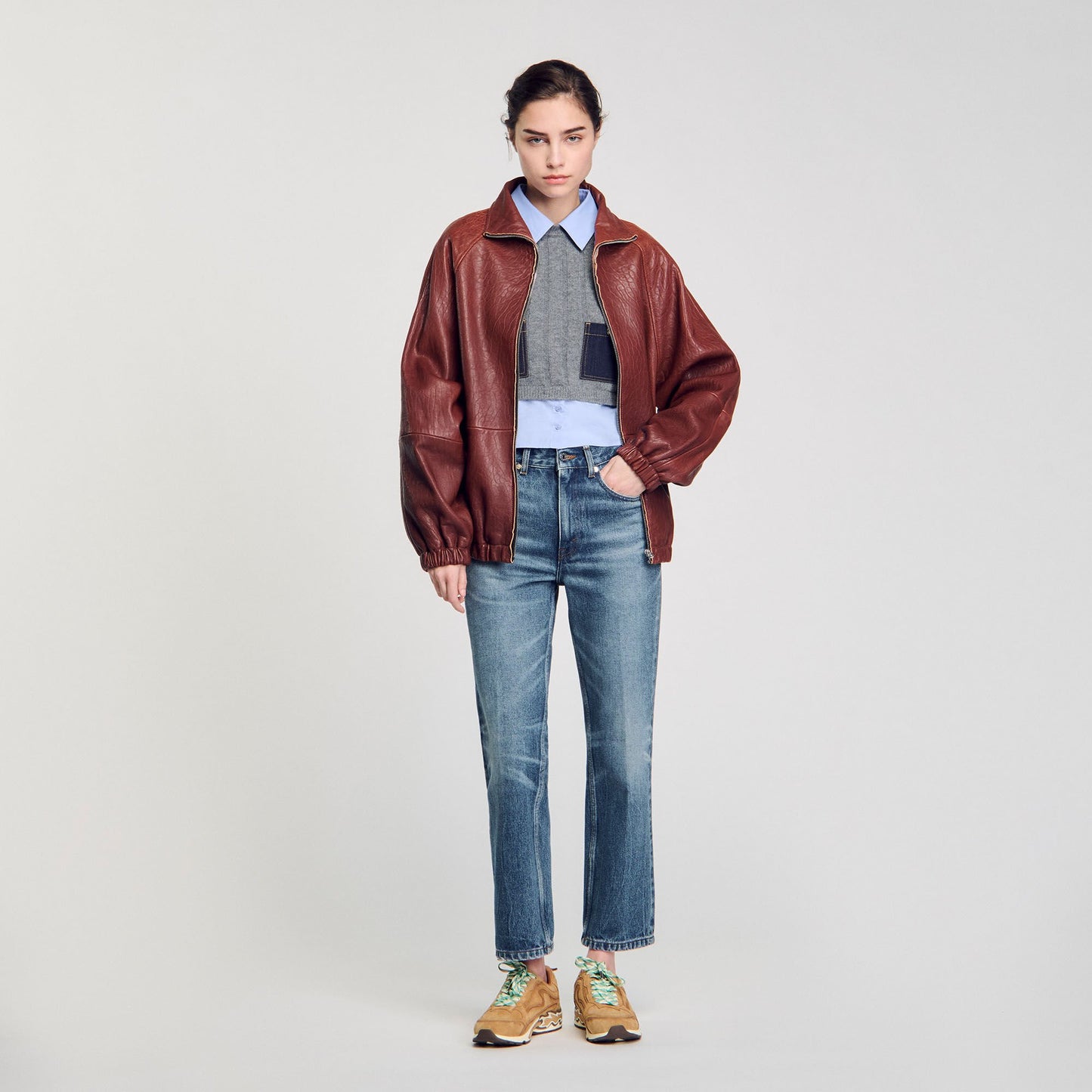 Sandro Cropped wool and cashmere sweater Grey