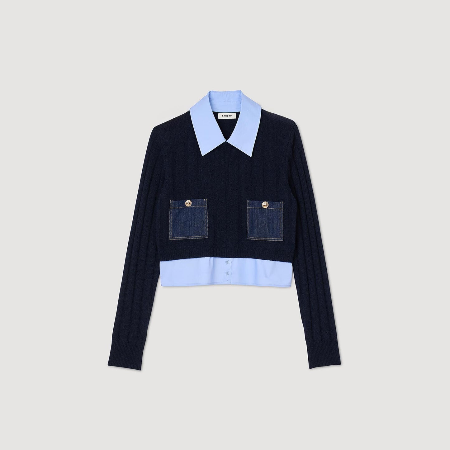 Sandro Cropped wool and cashmere sweater Navy Blue