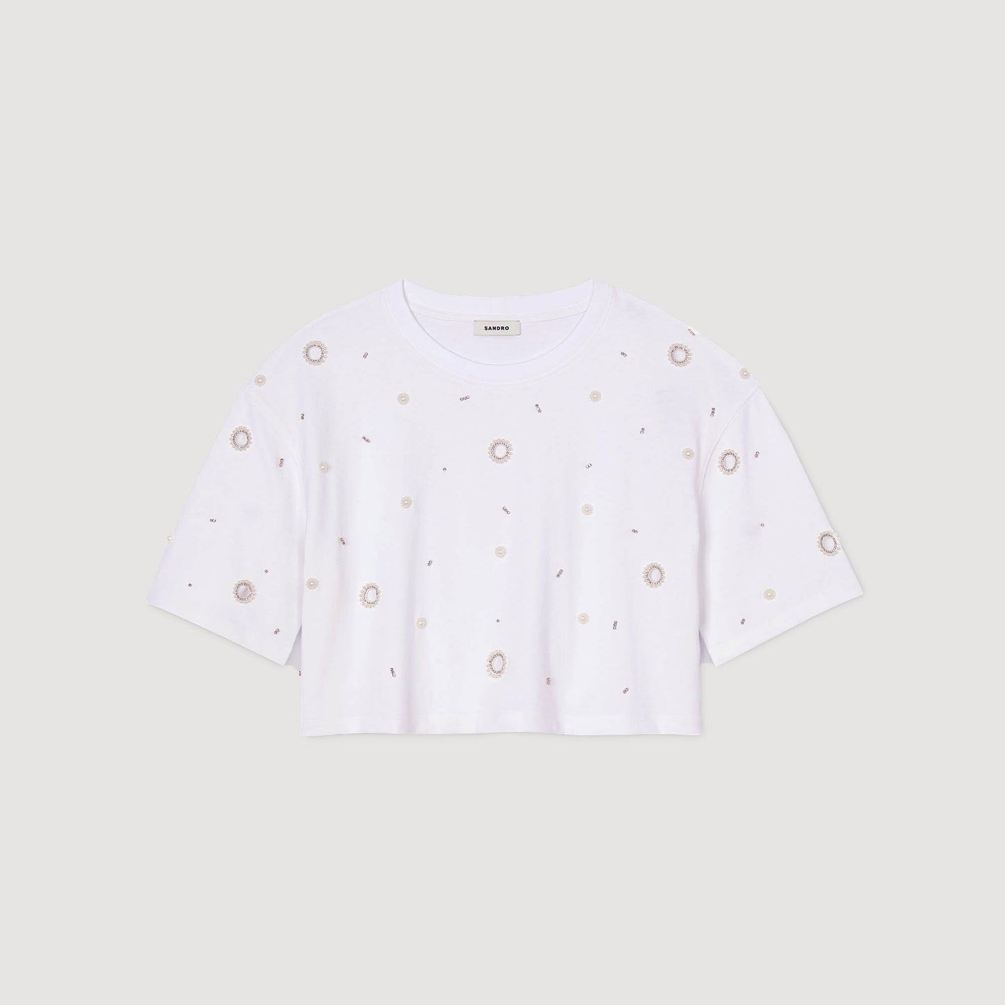 Sandro Cropped pearl bead T-shirt White