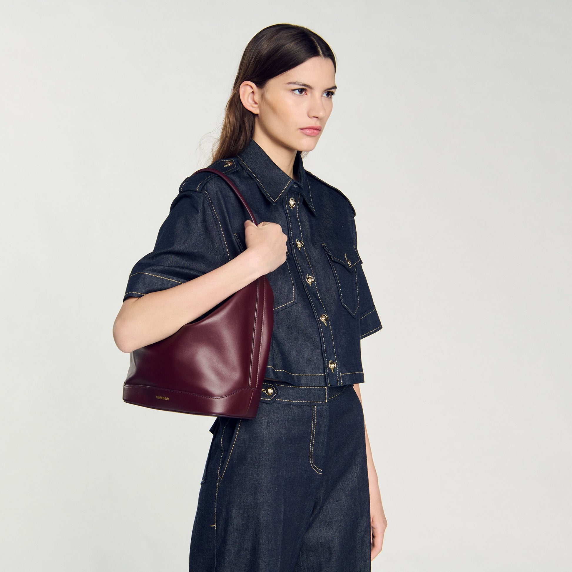 Sandro TANGOSO leather bucket bag Bordeaux