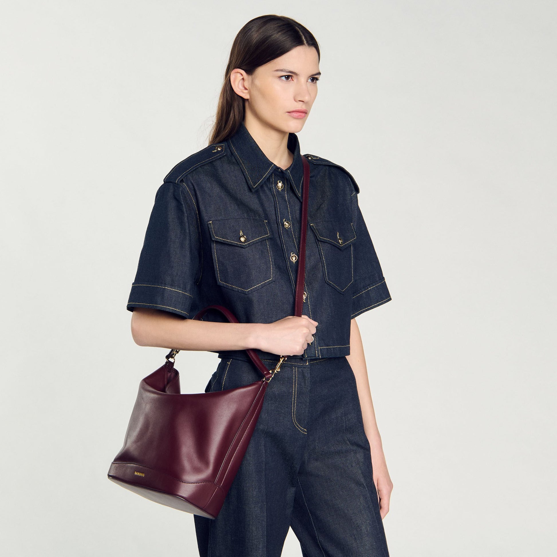 Sandro TANGOSO leather bucket bag Bordeaux