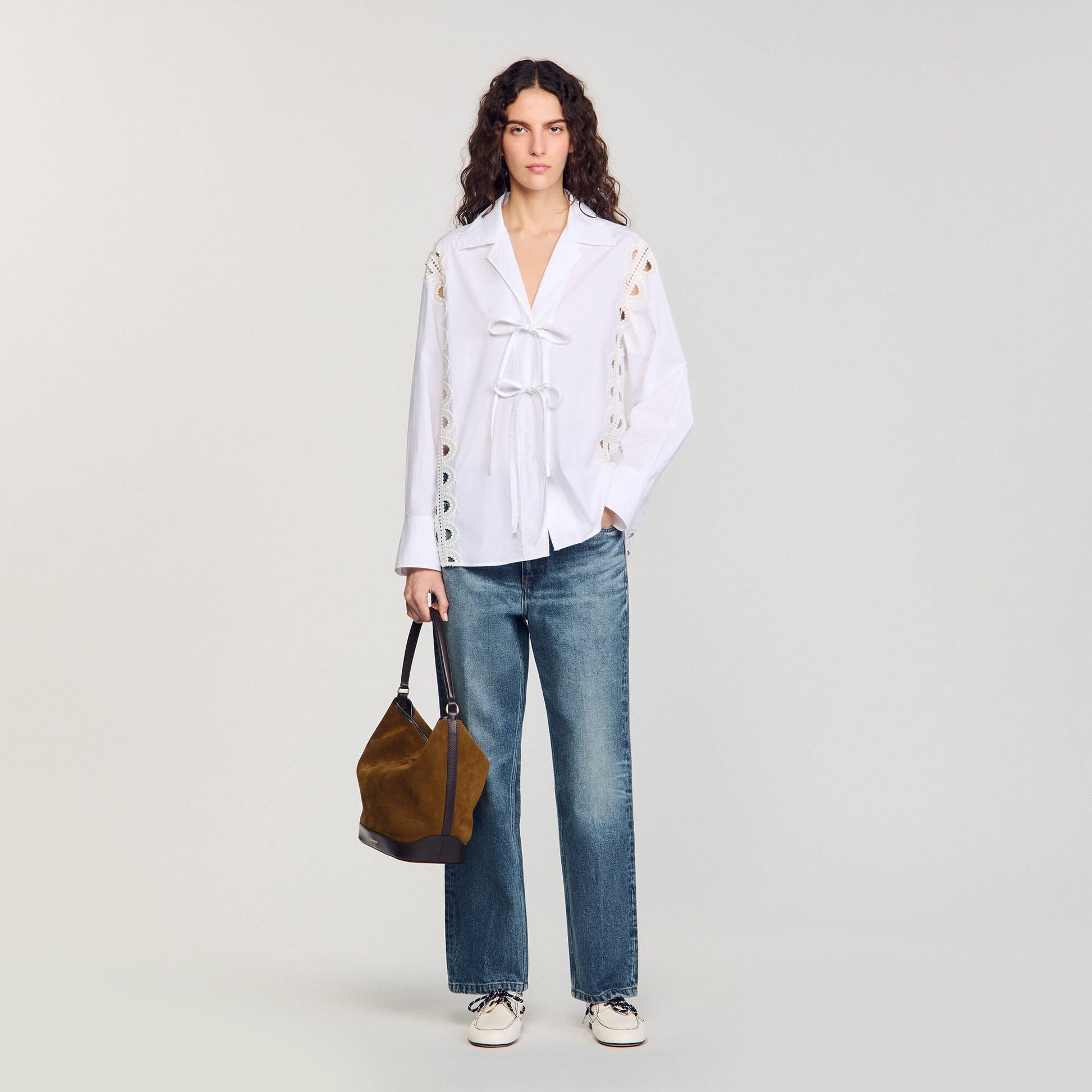 Sandro TANGOSO suede and leather bucket bag Camel