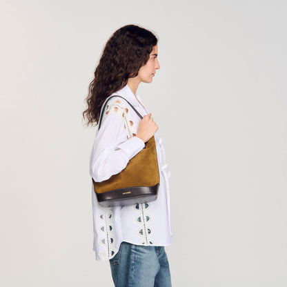 Sandro TANGOSO suede and leather bucket bag Camel