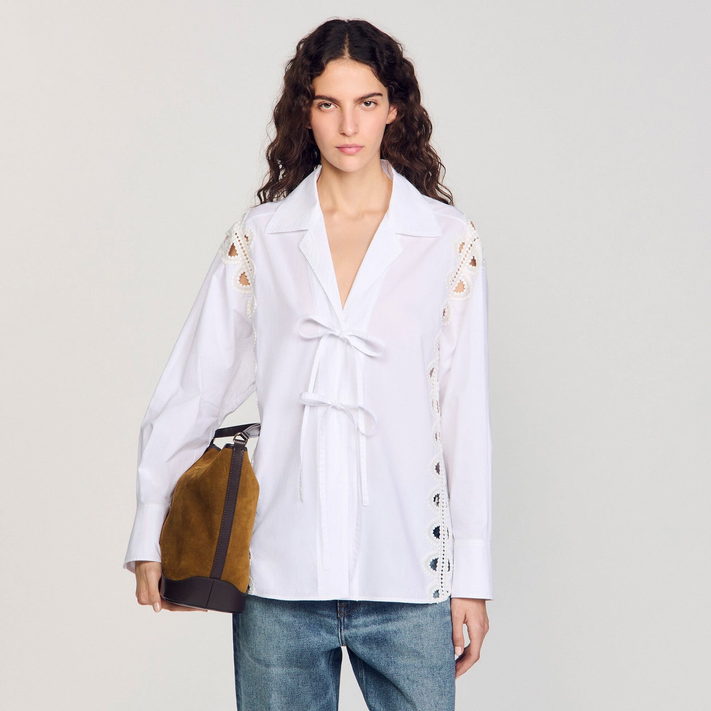 Sandro TANGOSO suede and leather bucket bag Camel