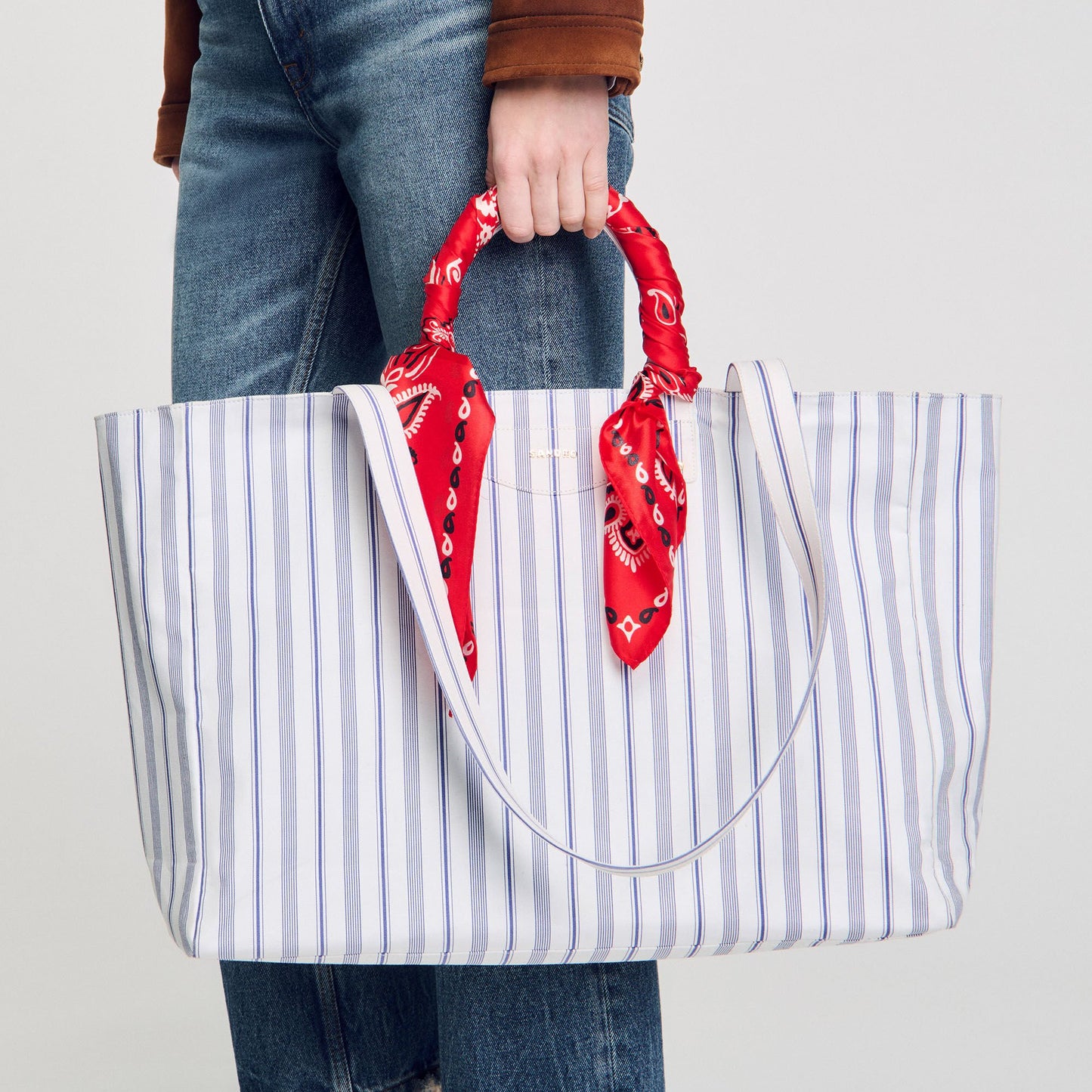 Sandro Striped canvas tote bag Blue / Ecru