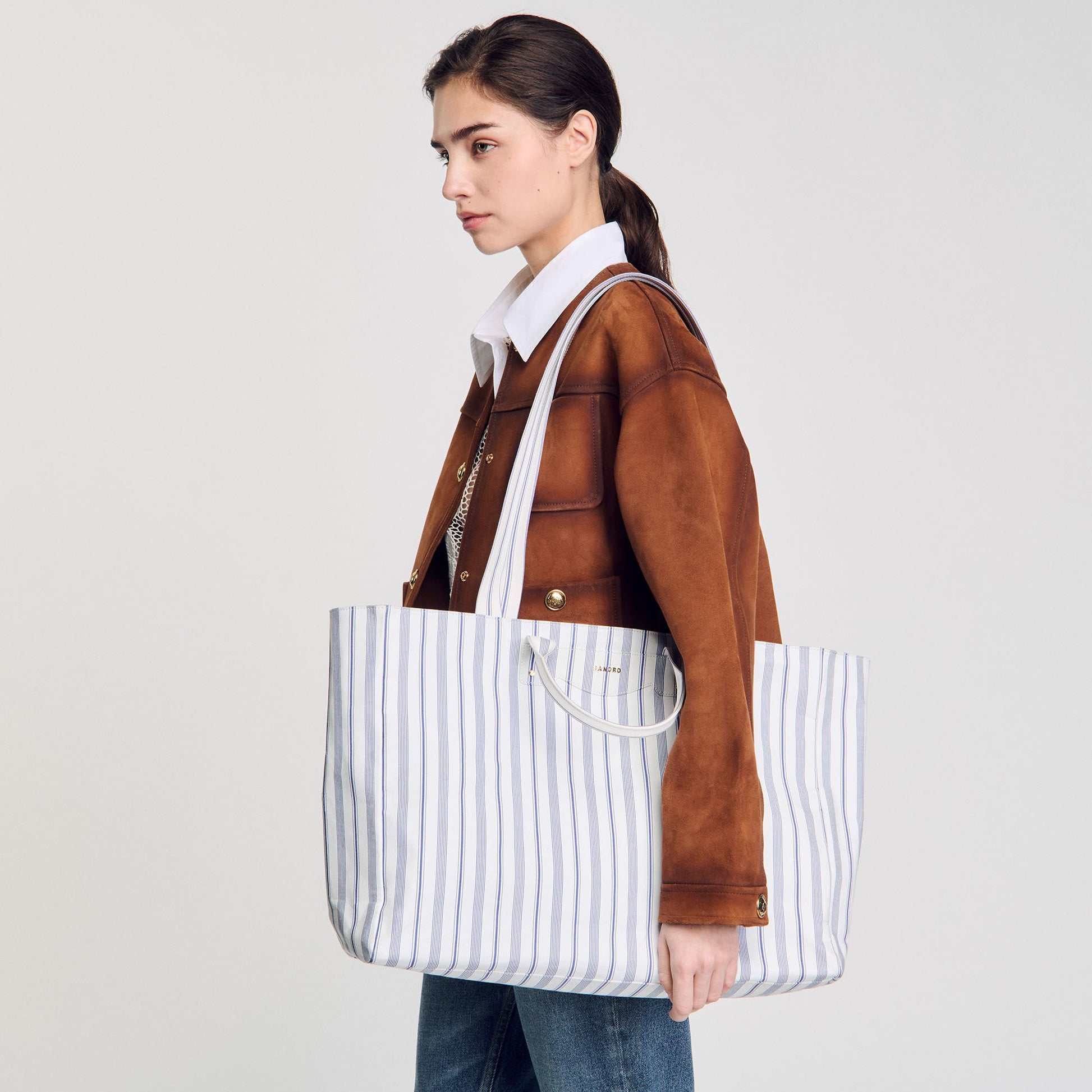 Sandro Striped canvas tote bag Blue / Ecru