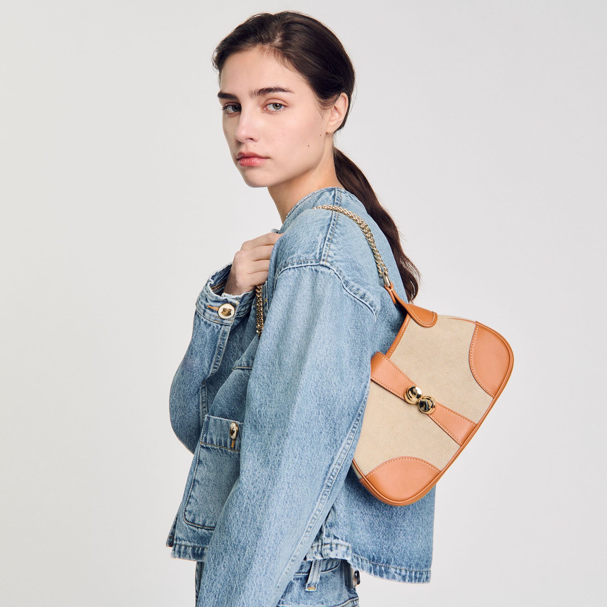 Sandro Janet canvas and leather bag Beige