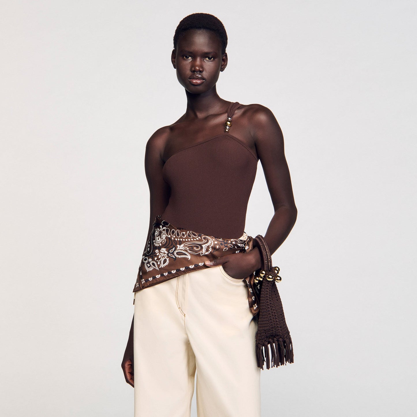 Sandro Small beaded fringed crochet bag Brown