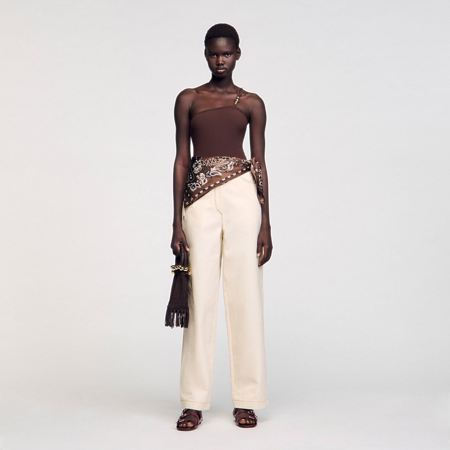 Sandro Asymmetric bodysuit with bead detail Brown