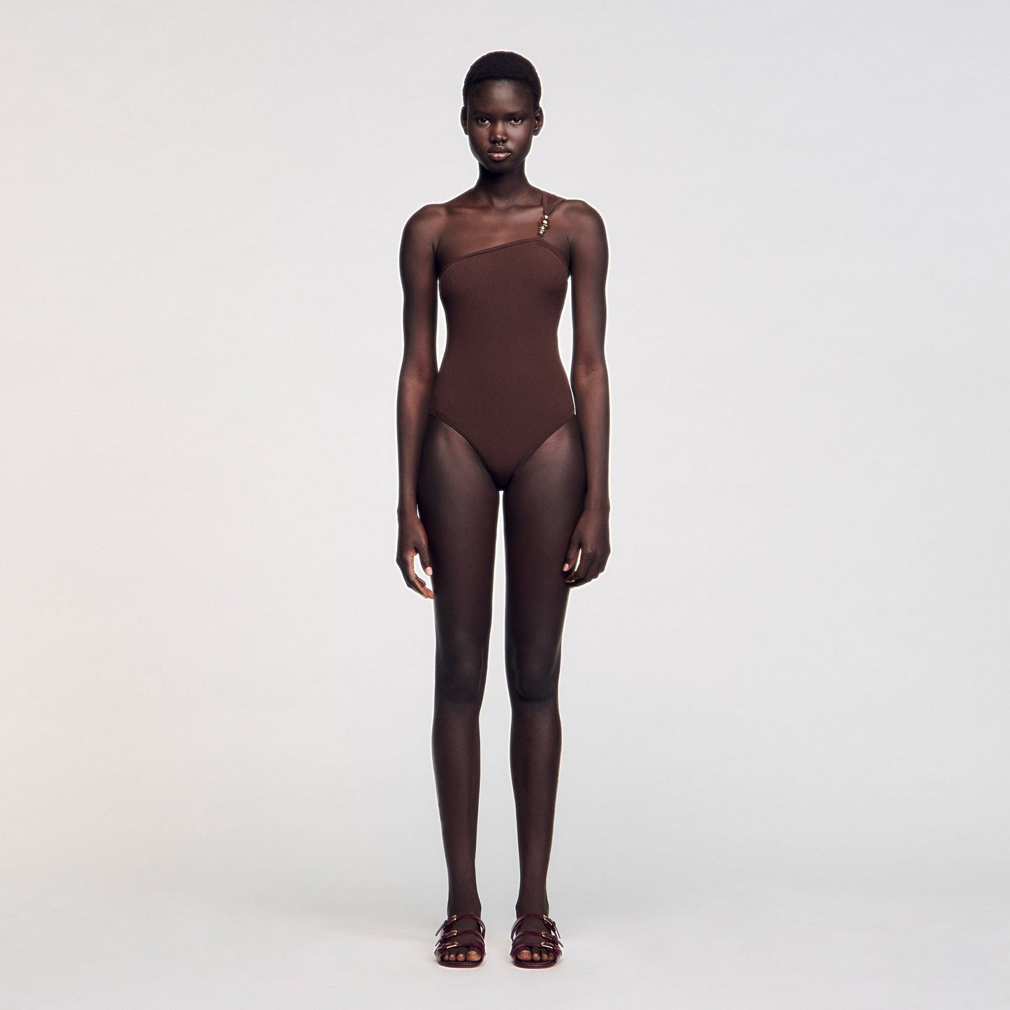 Sandro Asymmetric bodysuit with bead detail Brown