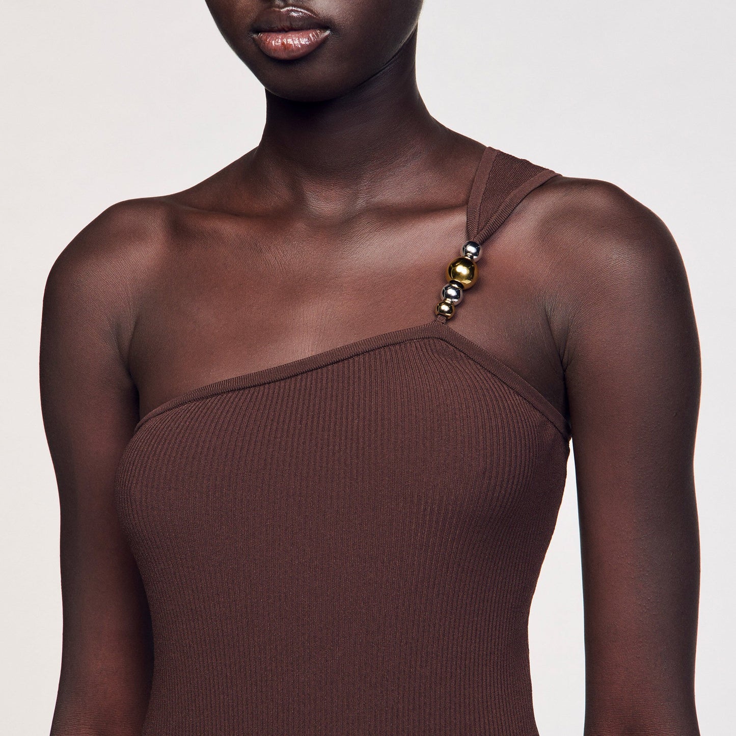 Sandro Asymmetric bodysuit with bead detail Brown