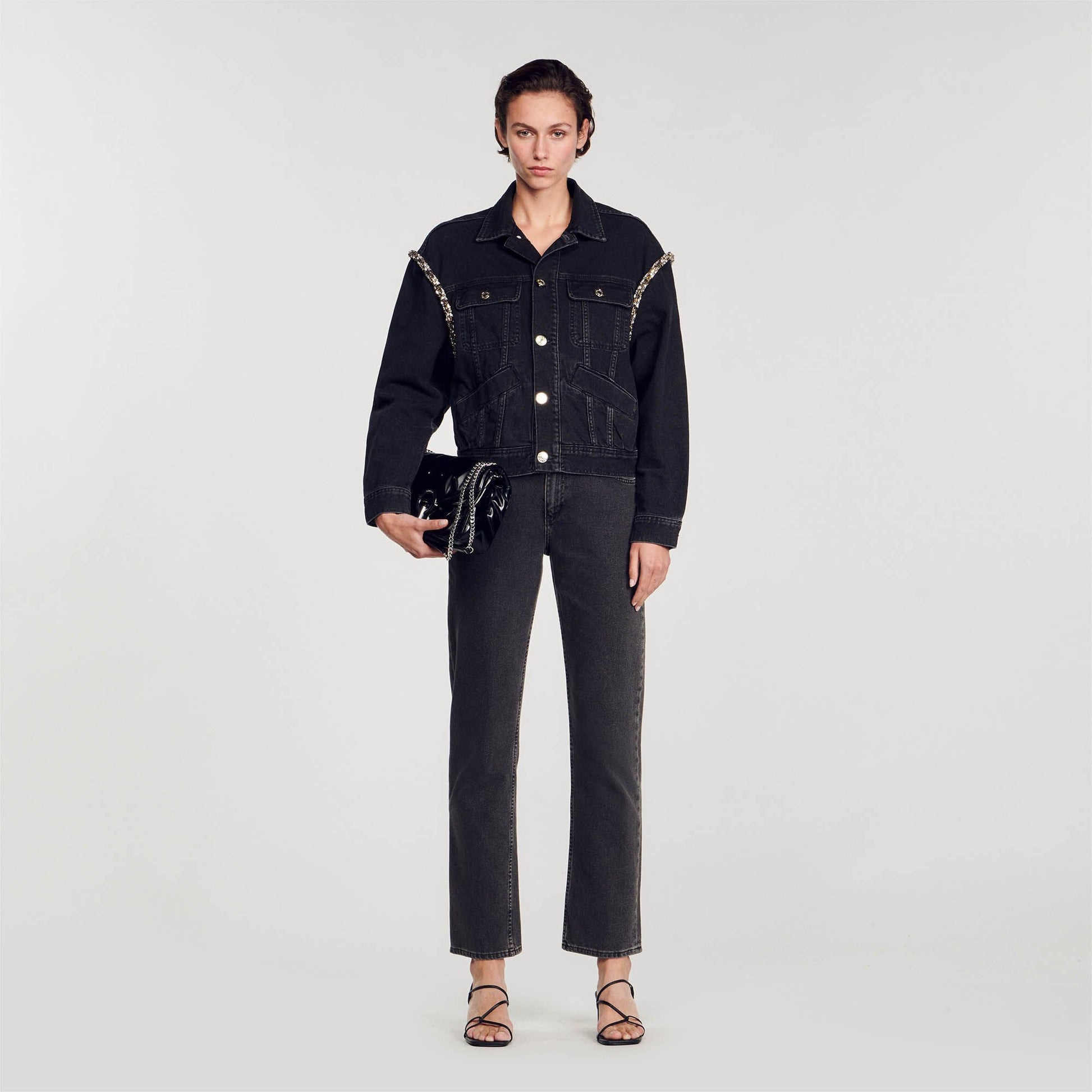 Sandro Oversized denim jacket with rhinestones Black