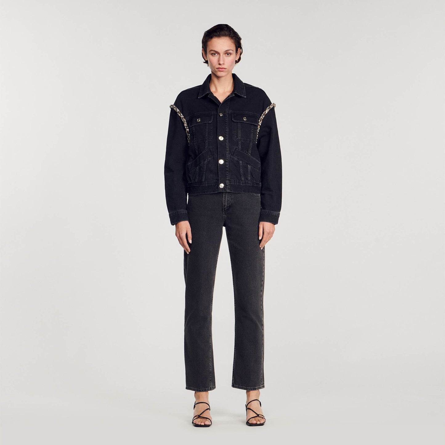 Sandro Oversized denim jacket with rhinestones Black