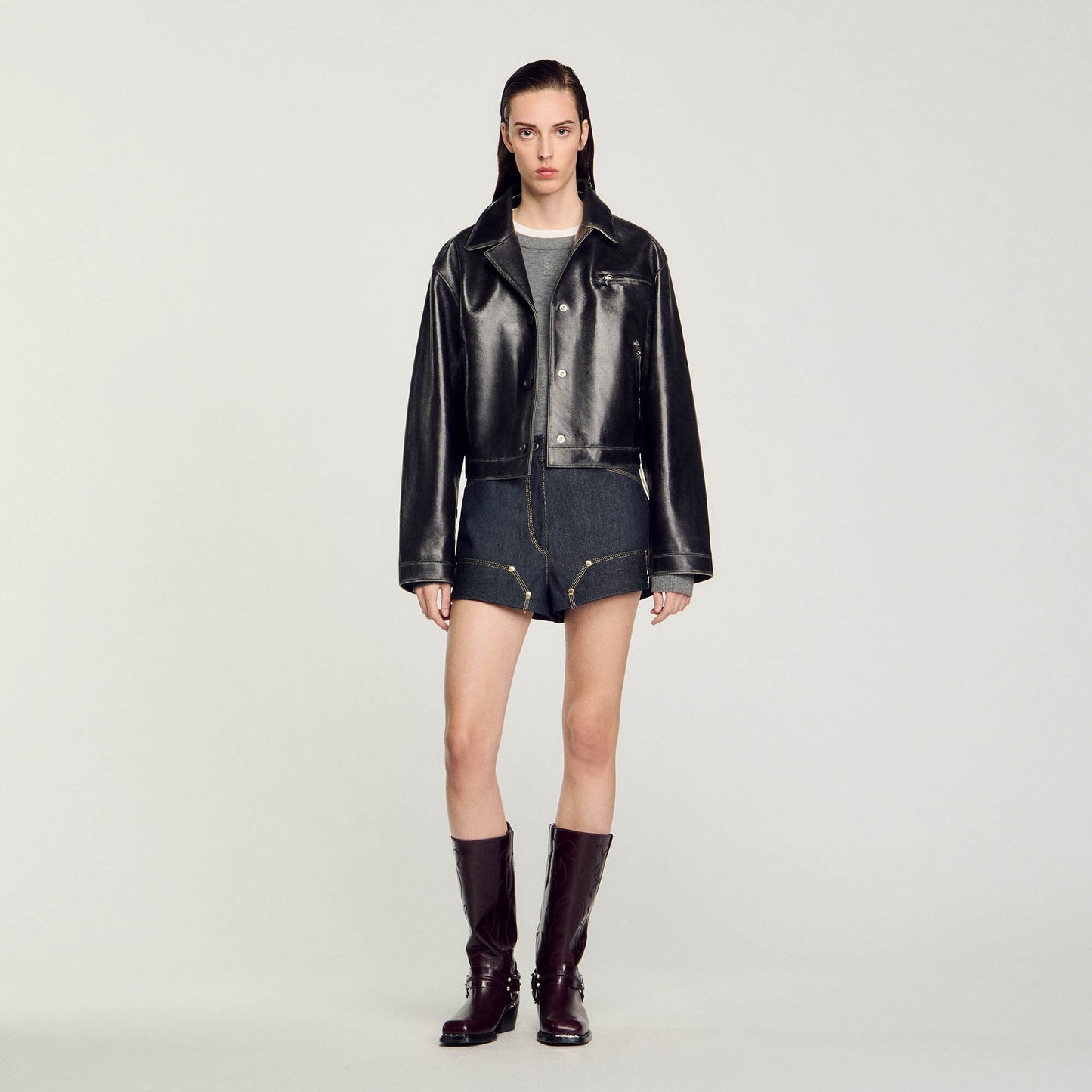 Sandro Distressed leather jacket Black