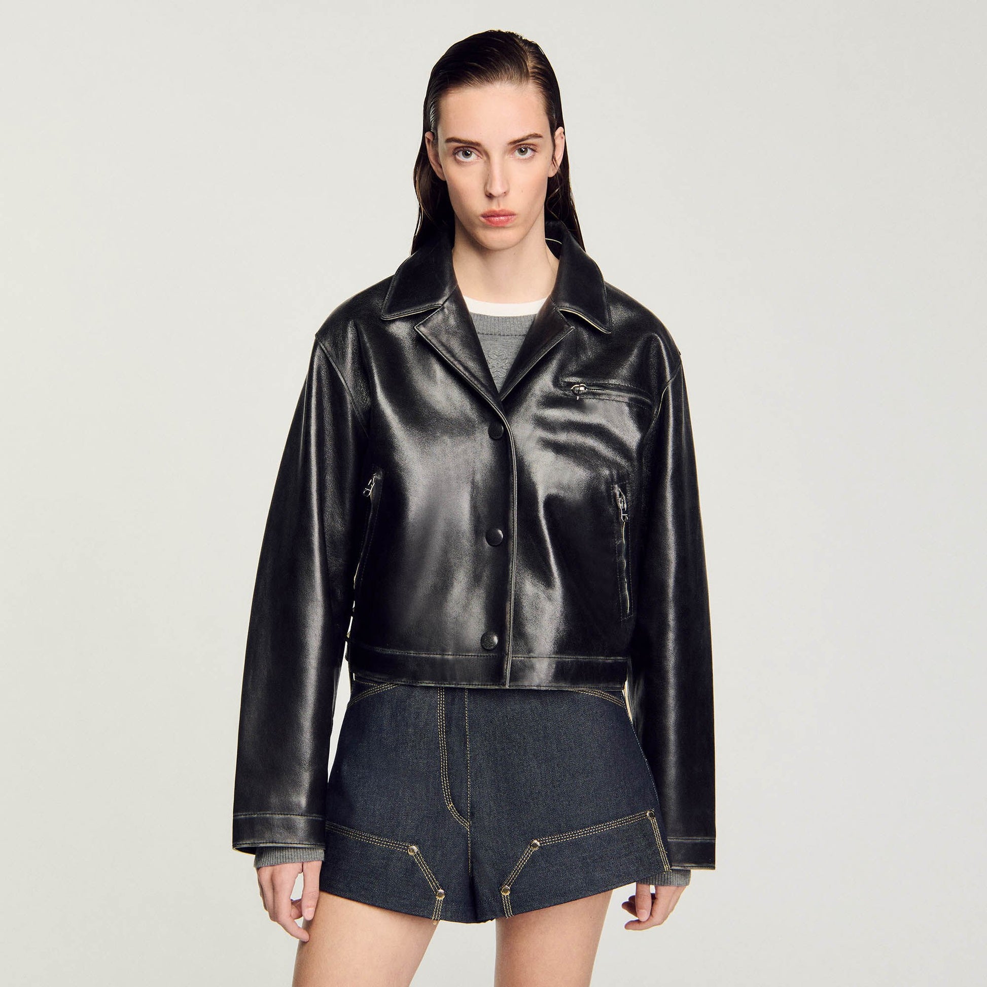 Sandro Distressed leather jacket Black