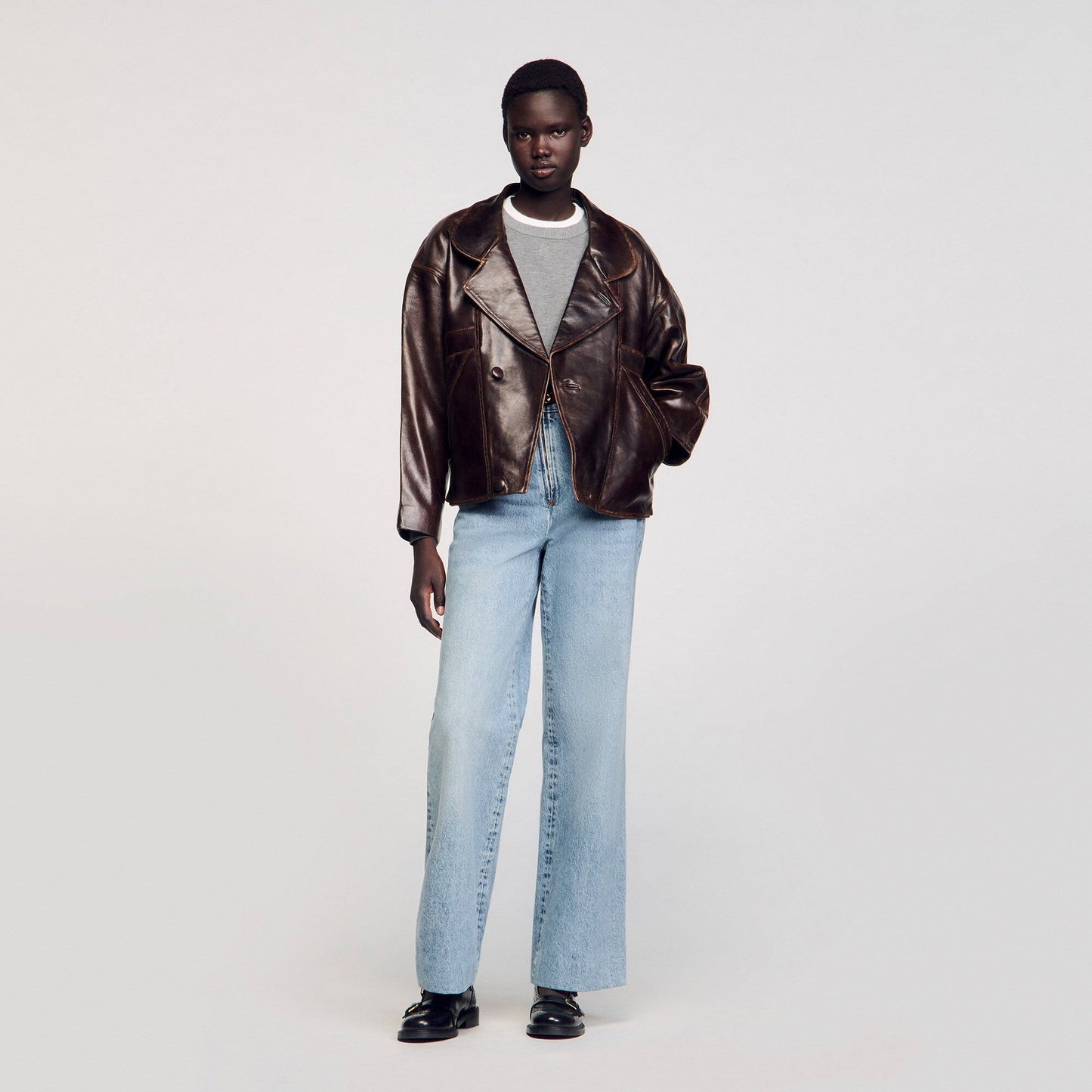 Sandro Oversized leather jacket Brown