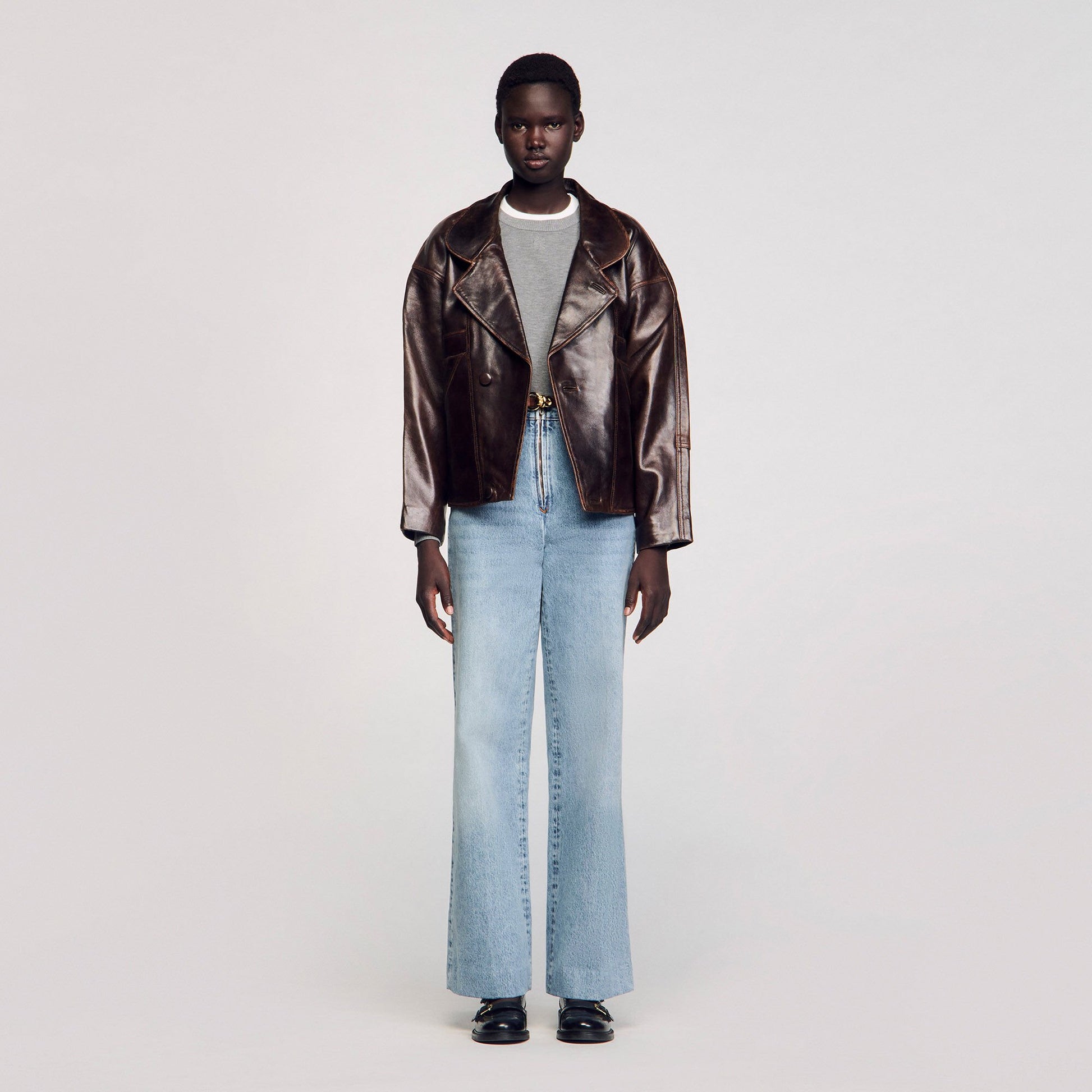 Sandro Oversized leather jacket Brown