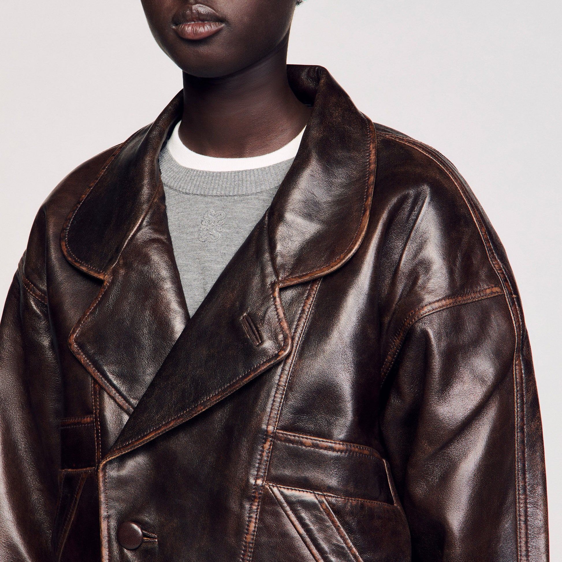 Sandro Oversized leather jacket Brown