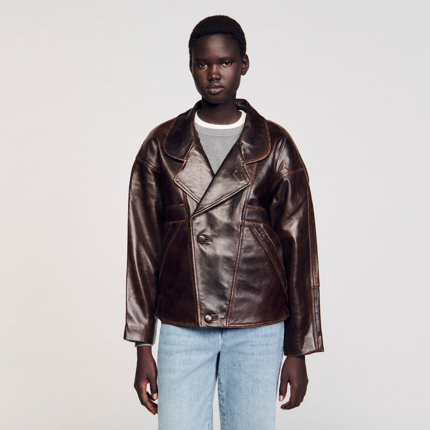 Sandro Oversized leather jacket Brown