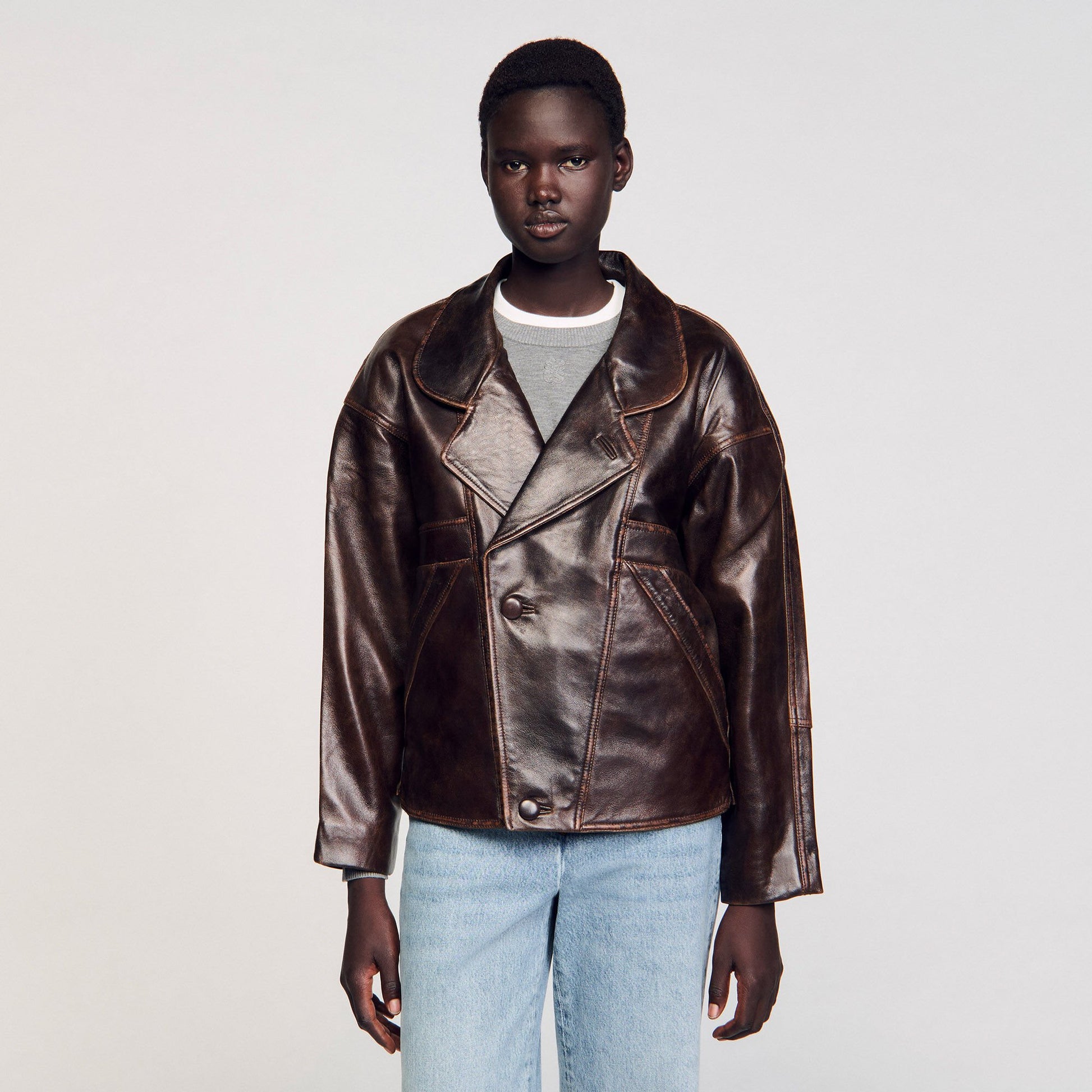 Sandro Oversized leather jacket Brown