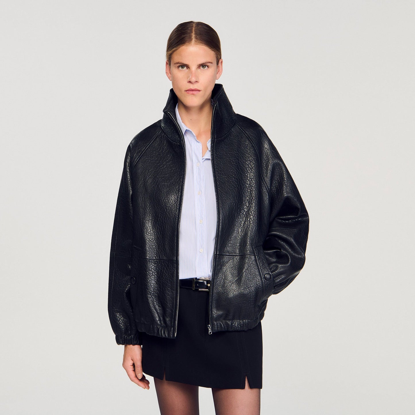 Sandro Oversized leather jacket Black