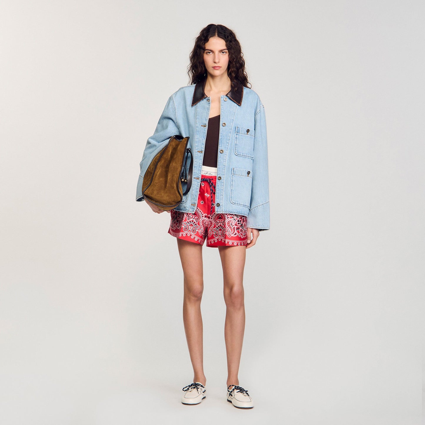 Sandro Denim jacket with leather collar Light Bu Jean