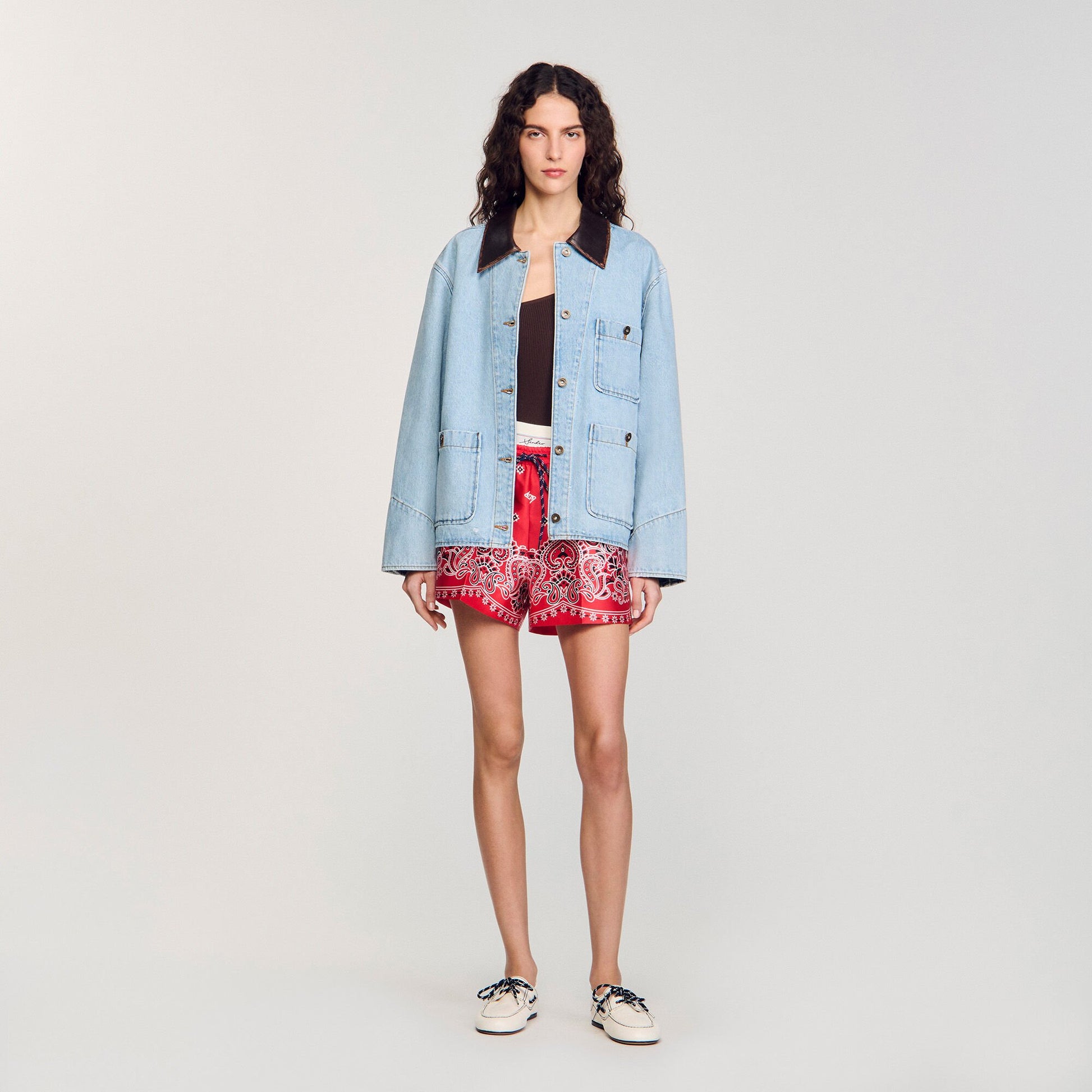 Sandro Denim jacket with leather collar Light Bu Jean