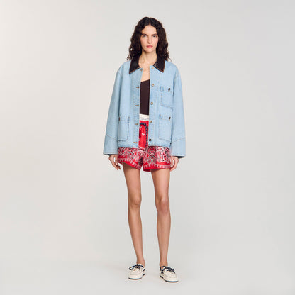 Sandro Denim jacket with leather collar Light Bu Jean