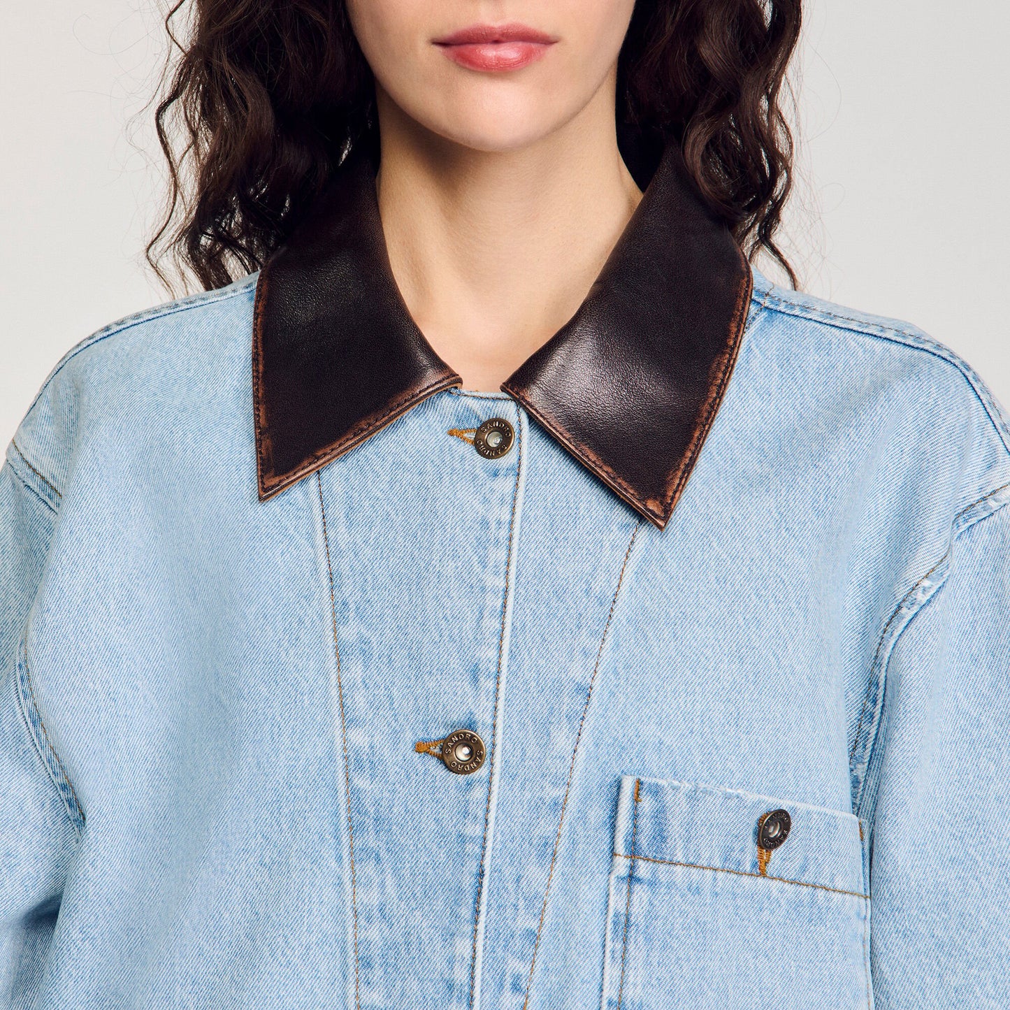 Sandro Denim jacket with leather collar Light Bu Jean