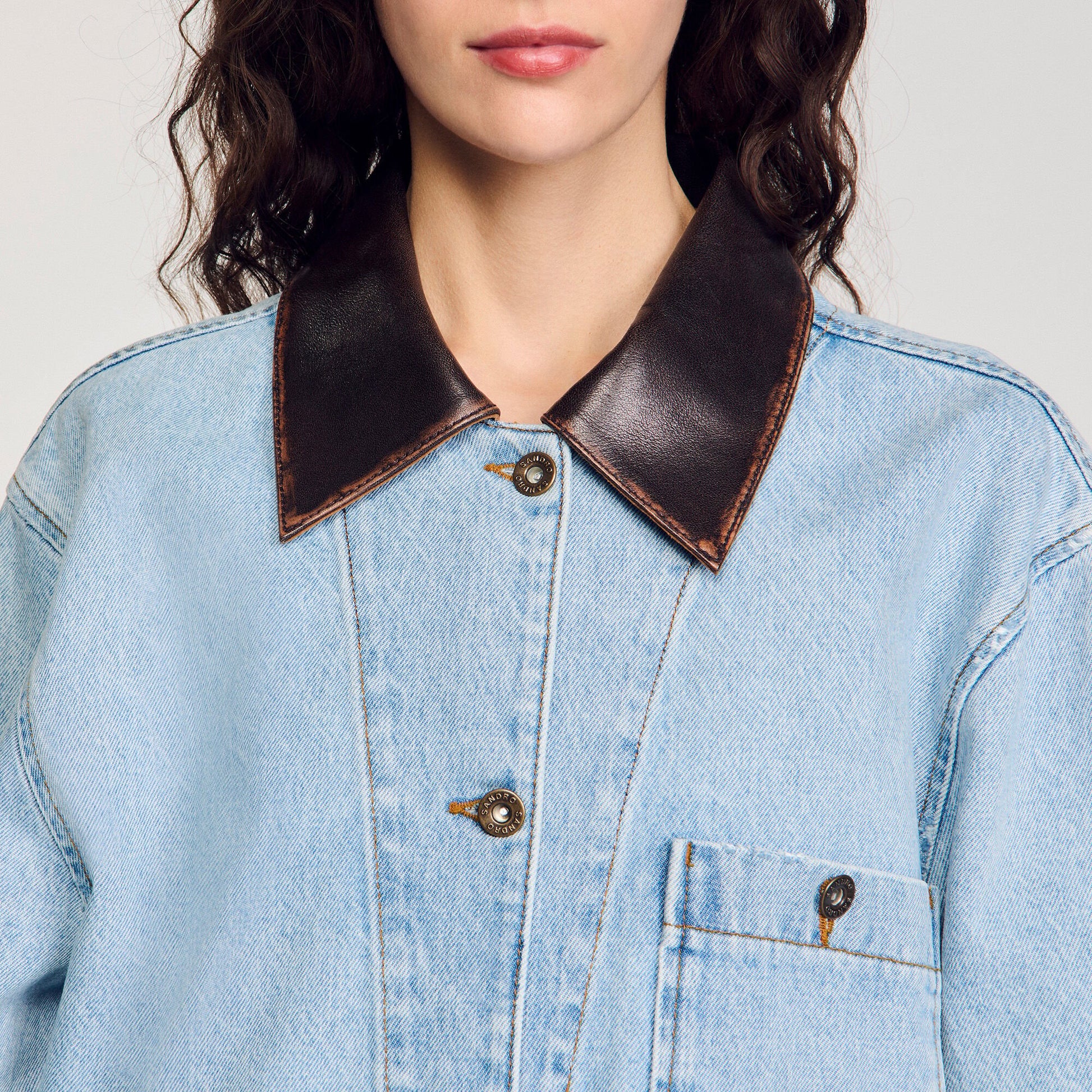 Sandro Denim jacket with leather collar Light Bu Jean
