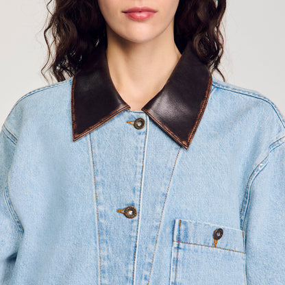 Sandro Denim jacket with leather collar Light Bu Jean