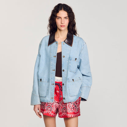 Sandro Denim jacket with leather collar Light Bu Jean