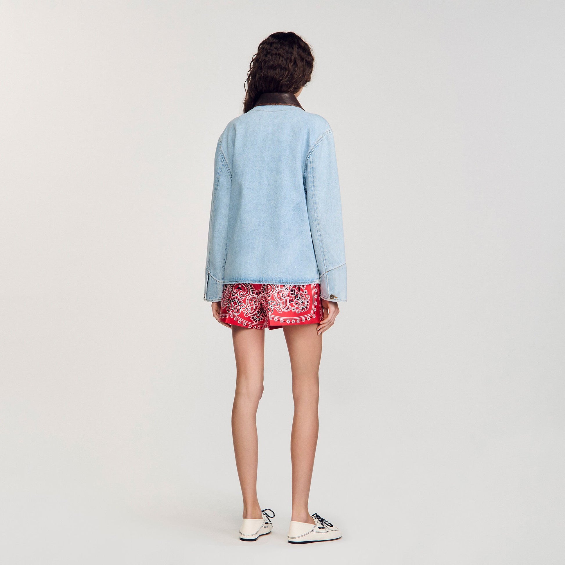 Sandro Denim jacket with leather collar Light Bu Jean