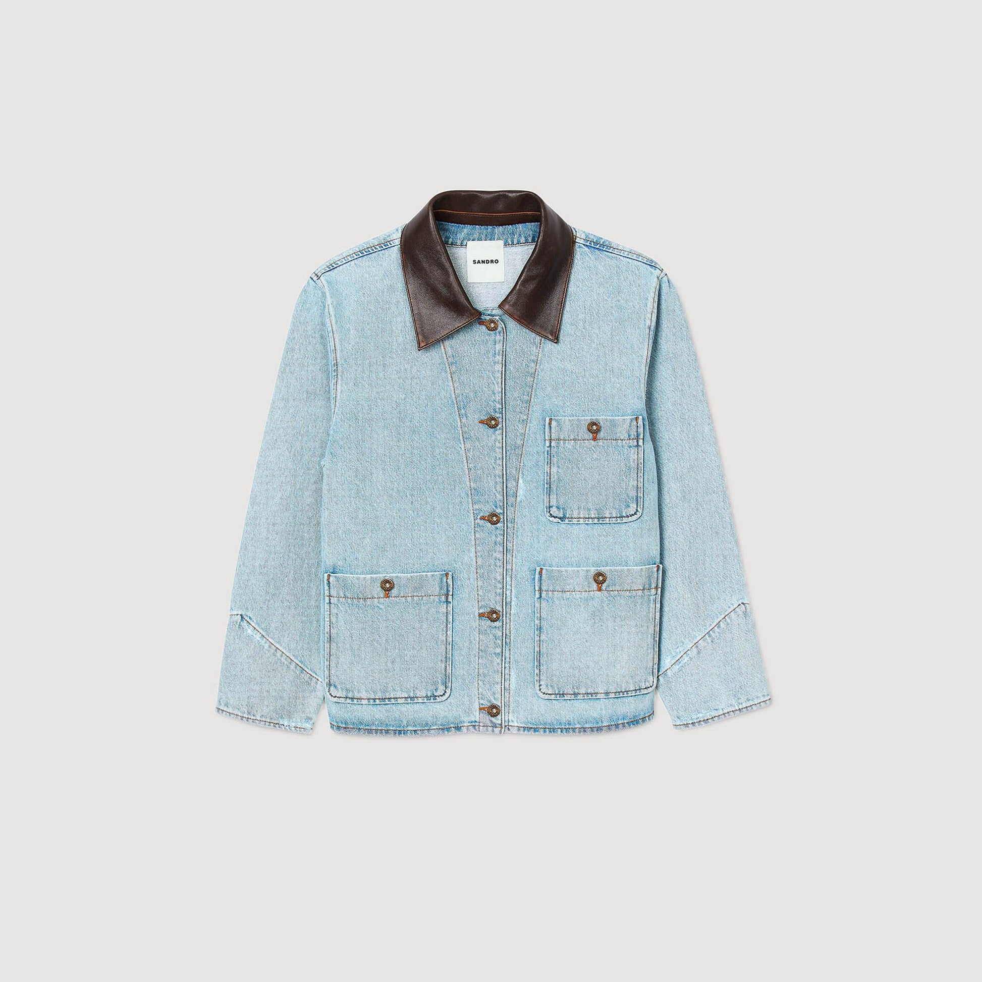 Sandro Denim jacket with leather collar Light Bu Jean
