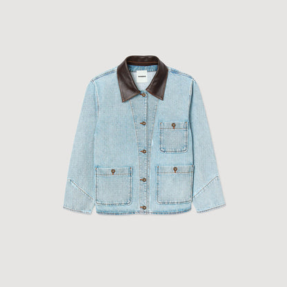 Sandro Denim jacket with leather collar Light Bu Jean
