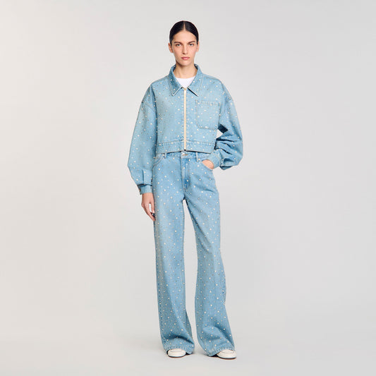 Sandro Beaded and rhinestone denim jacket Blue Jean