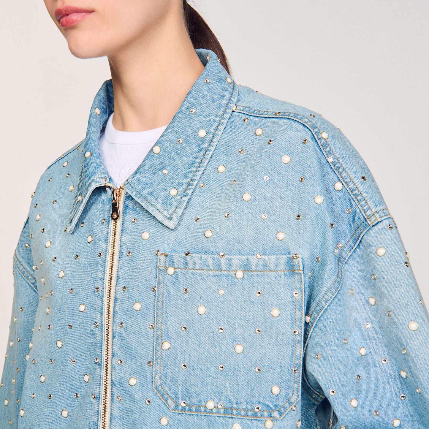 Sandro Beaded and rhinestone denim jacket Blue Jean