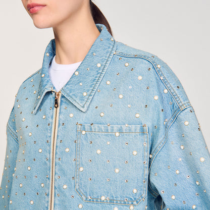 Sandro Beaded and rhinestone denim jacket Blue Jean