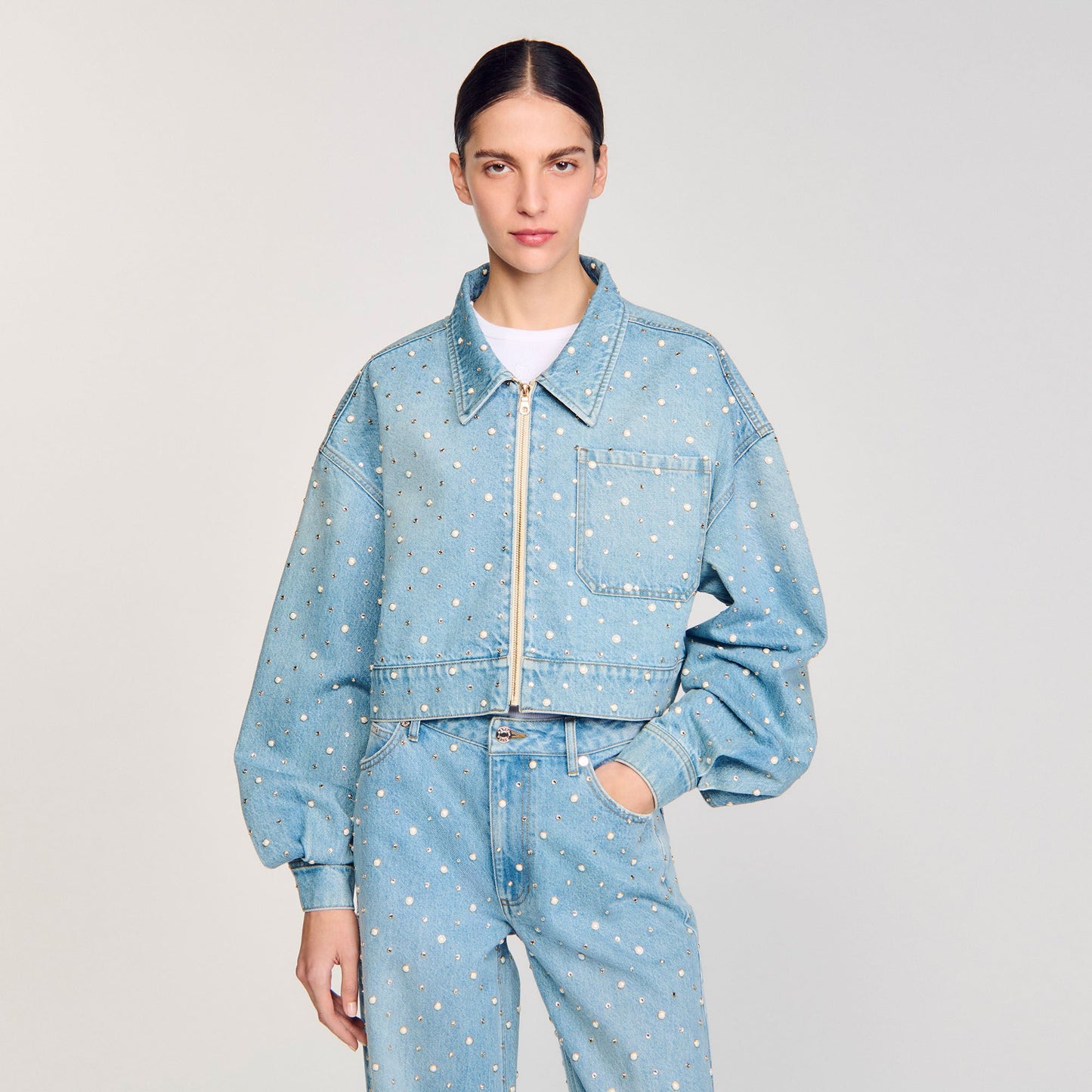 Sandro Beaded and rhinestone denim jacket Blue Jean