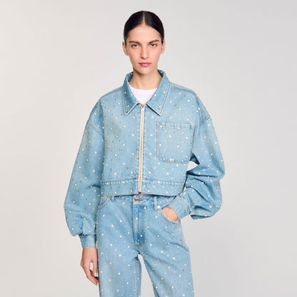 Sandro Beaded and rhinestone denim jacket Blue Jean