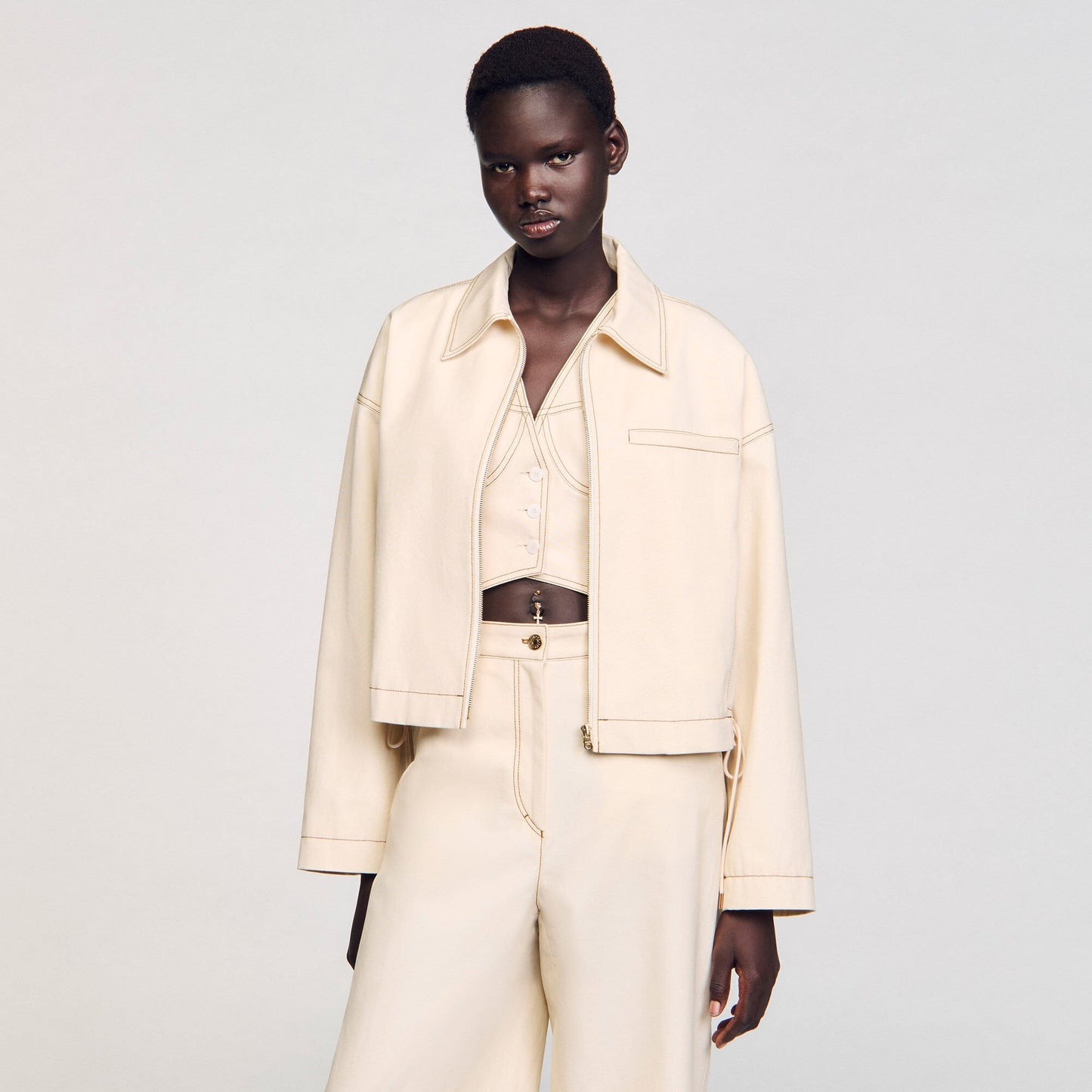 Sandro Denim lace-up jacket Sand