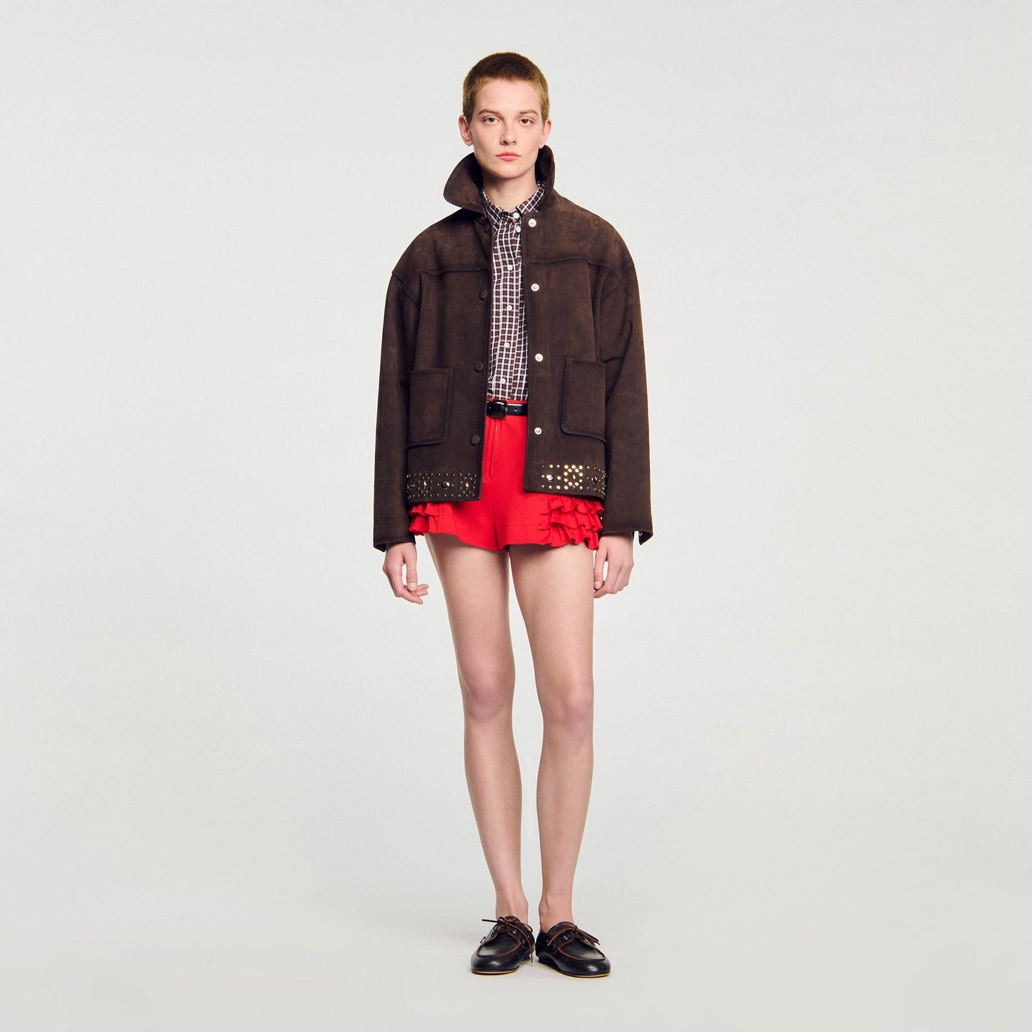Sandro Studded suede leather jacket Brown