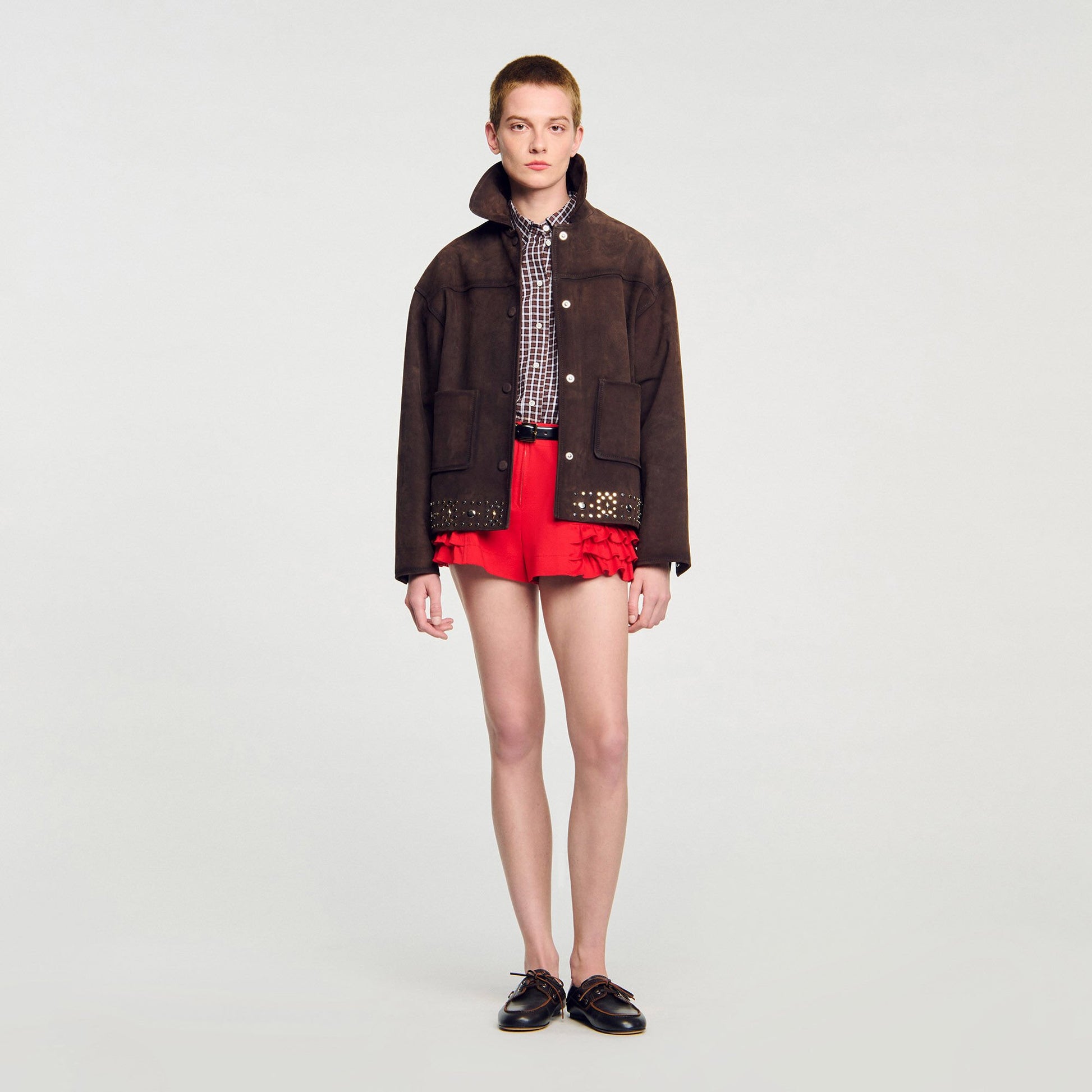 Sandro Studded suede leather jacket Brown