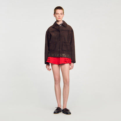 Sandro Studded suede leather jacket Brown