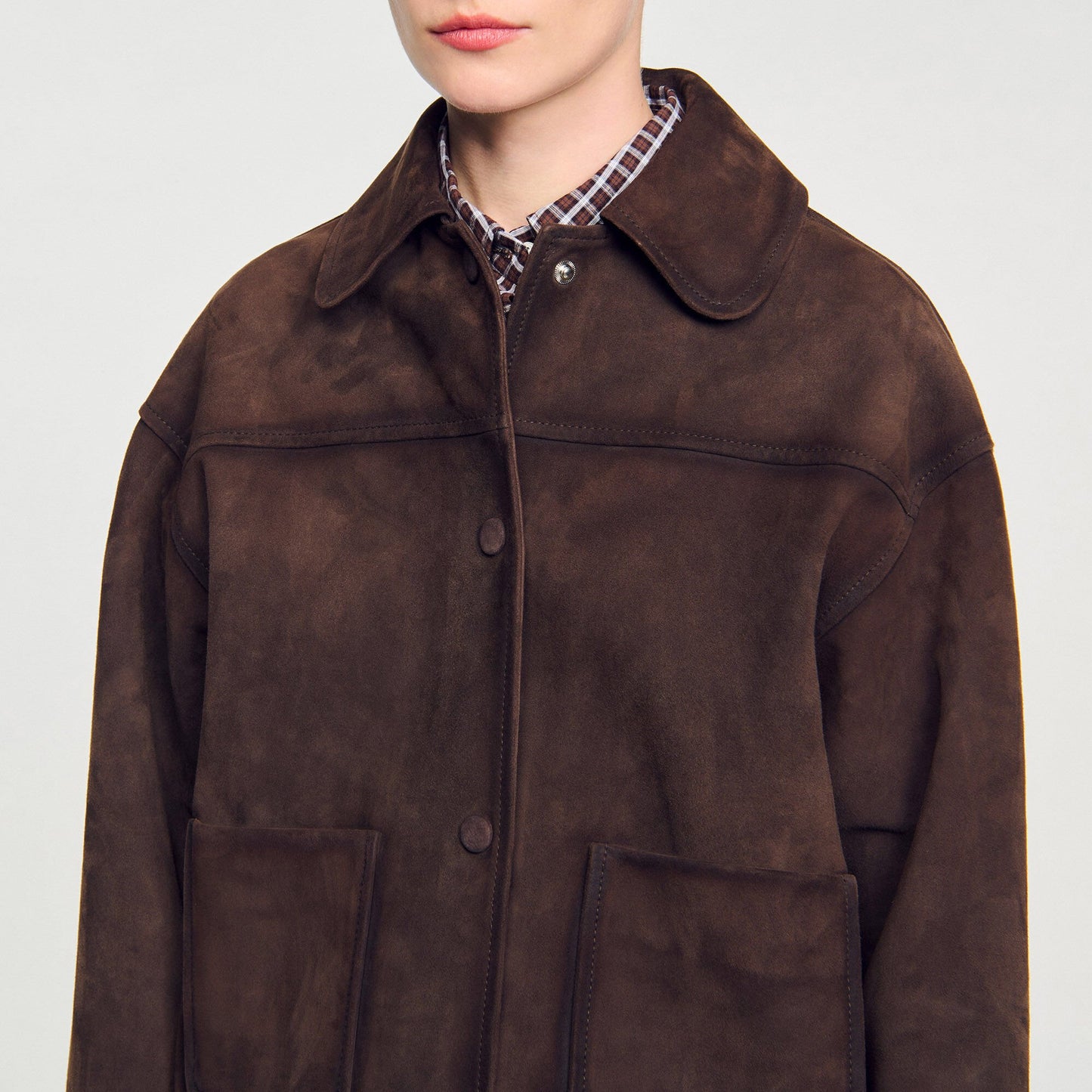 Sandro Studded suede leather jacket Brown